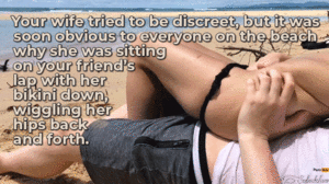 captioned porn sex on the beach - undiscreet beach fuck - Porn With Text