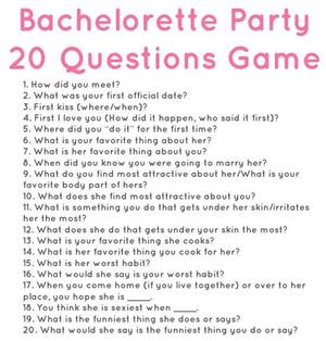 dirty party games - 20 questions for a bachelorette party. So fun! via Meals & Moves.