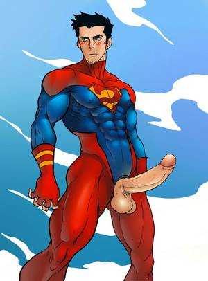 big cock toons art - abs bara black hair blue eyes blush bodysuit clouds dc erection facial hair  fingerless gloves flying goatee highres huge cock inmomakuro kon el large  penis ...