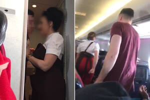 Asian Schoolgirl Uniform Blowjob - Couple who met on plane caught in bathroom having Mile High sex